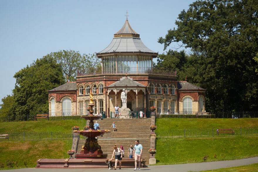 Grade II listed Mesnes Park with Victorian octagonal pavilion, The Boer War memorial and The Coalbrookdale fountain
